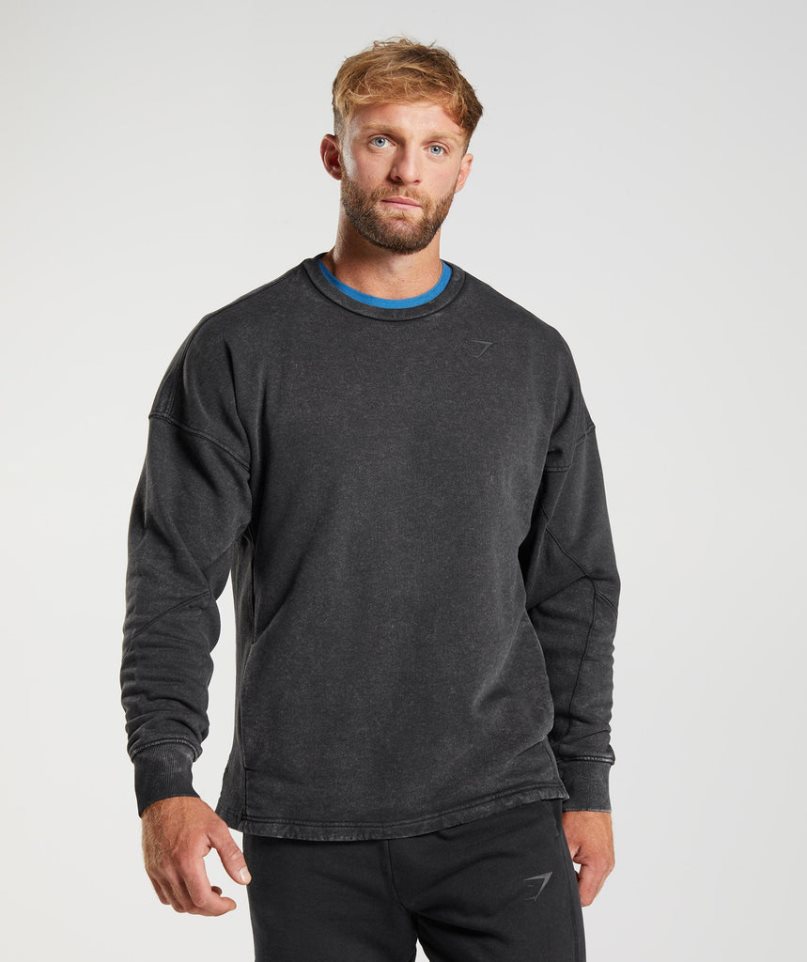 Men's Gymshark Power Washed Crew Sweatshirts Black | NZ 2VZQNS